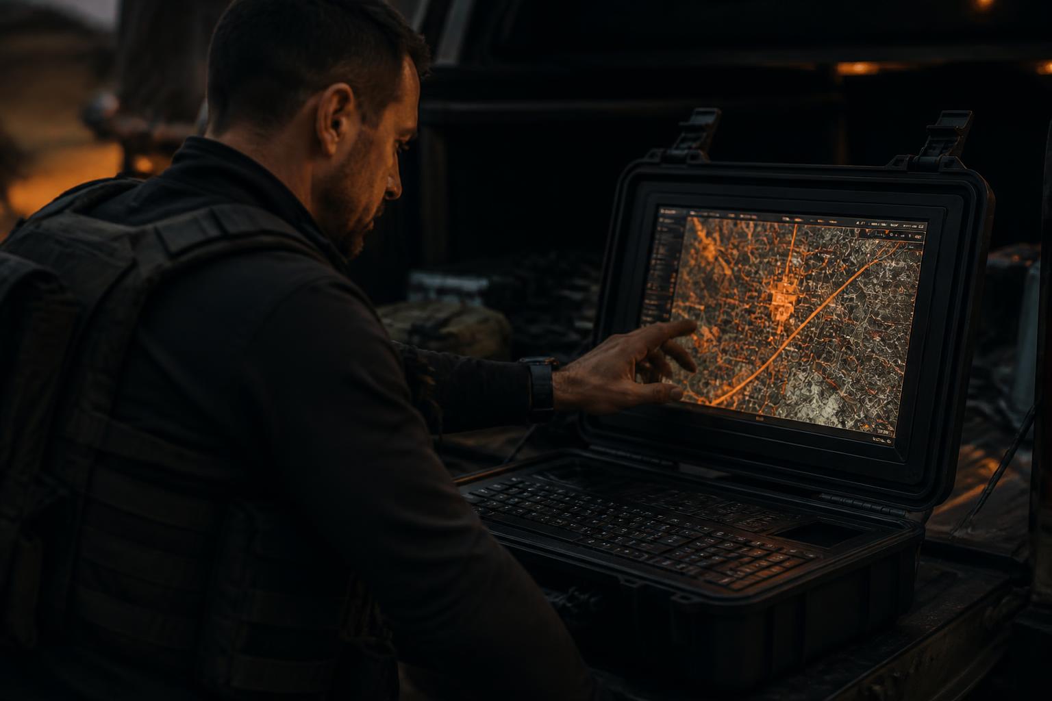 Private security operative working at a rugged Merlin6 Field Operations Terminal, a hard case with a touchscreen showing a tactical map, on a vehicle tailgate at dusk