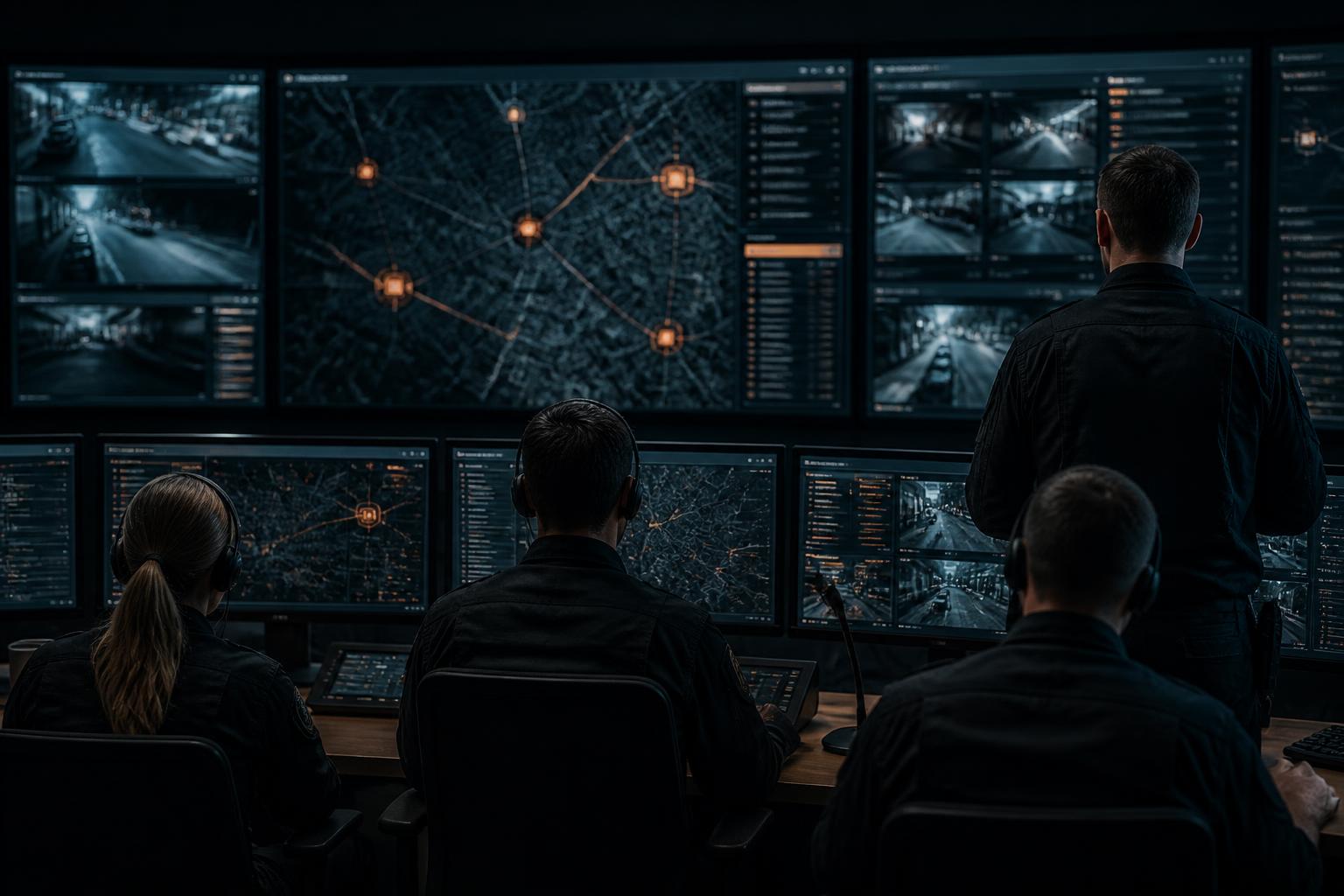 Control room operatives at desks facing a wall of screens showing a tactical map with live unit positions
