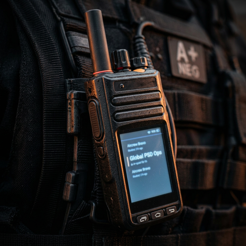 Detail of the orange push to talk button on a Merlin6 handset clipped to a vest
