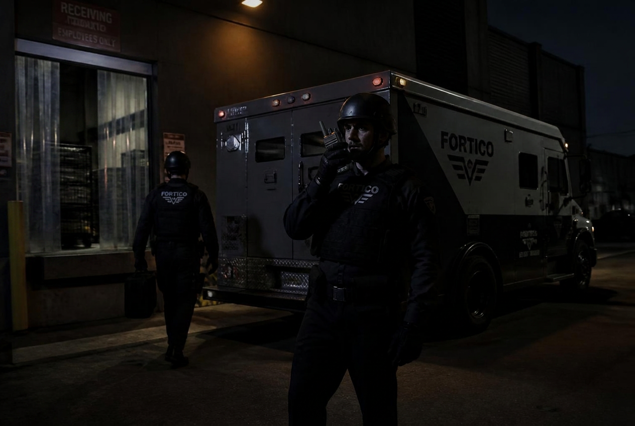 Armoured cash in transit crew at a night service entrance, one crew member speaking into a handheld radio