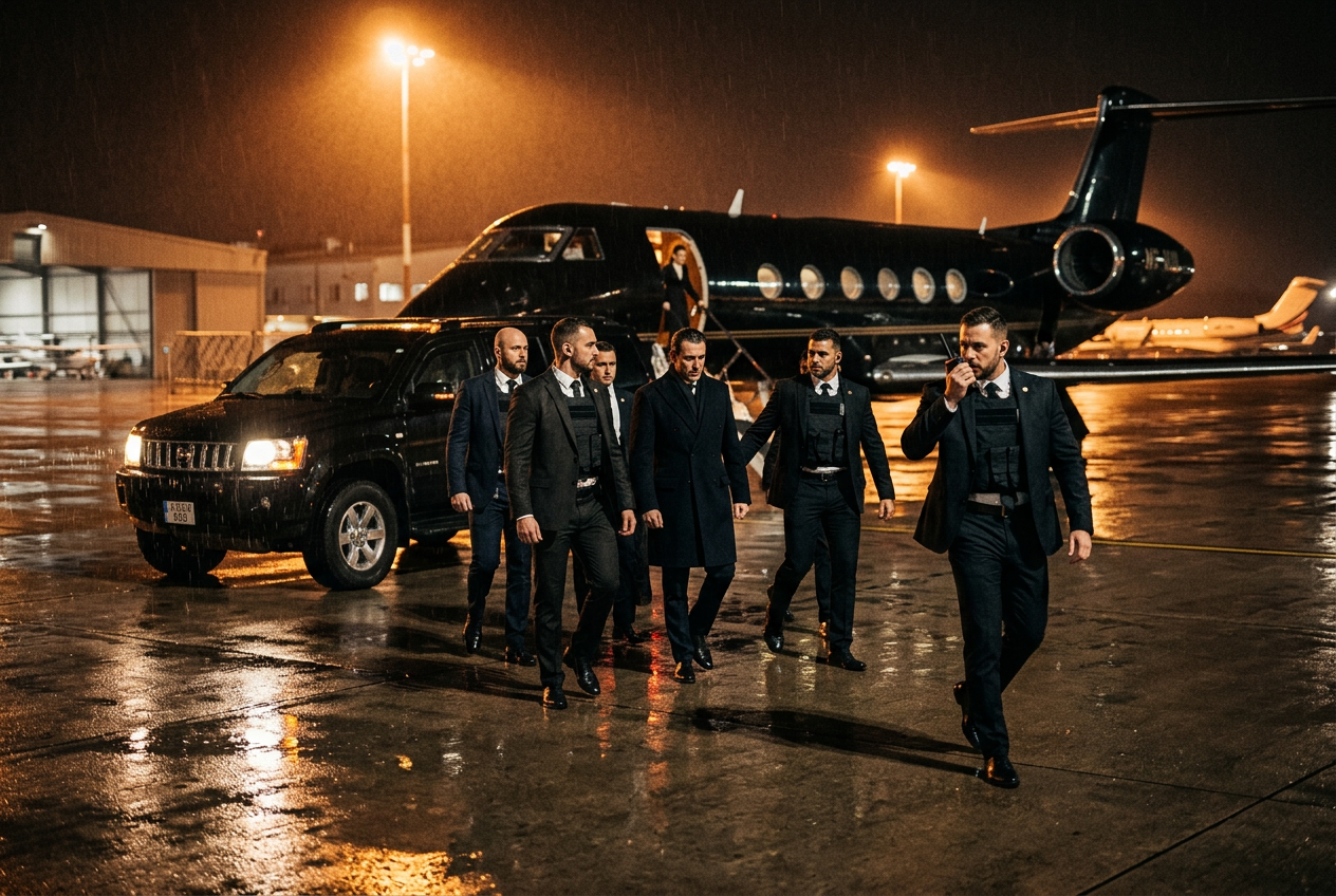 Close protection team escorting a principal from a vehicle at night, one agent using a radio