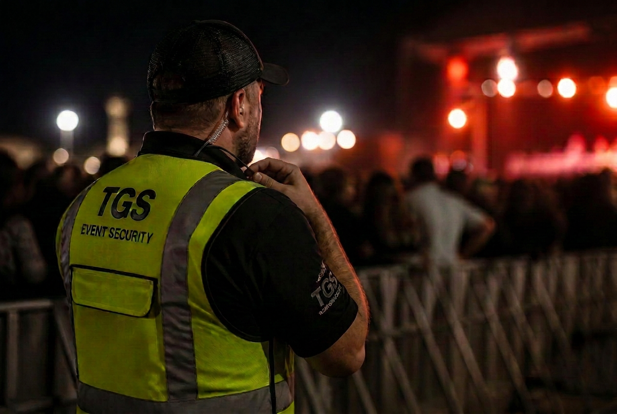 Event security steward in a high visibility vest speaking into a radio at a night-time arena barrier line