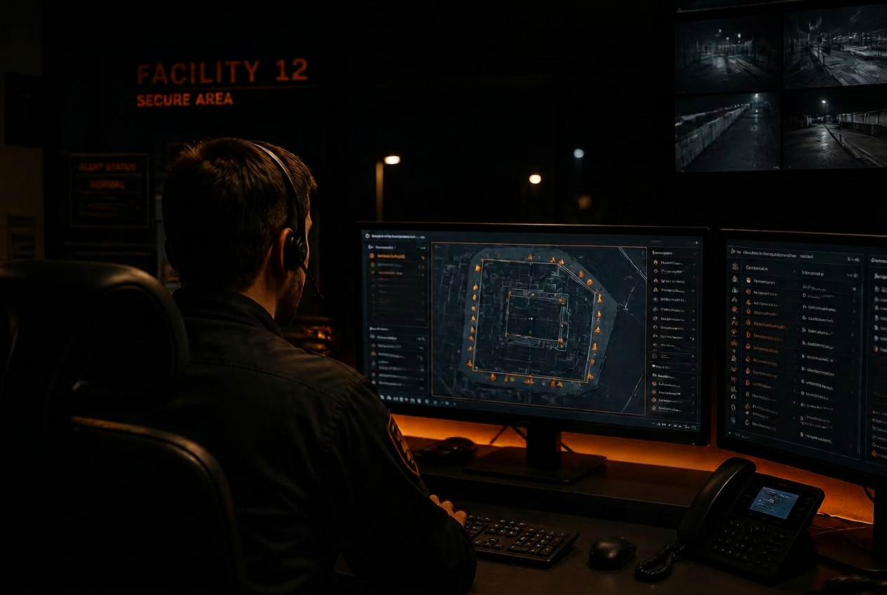 Control room operator watching a tactical map of a secure facility perimeter