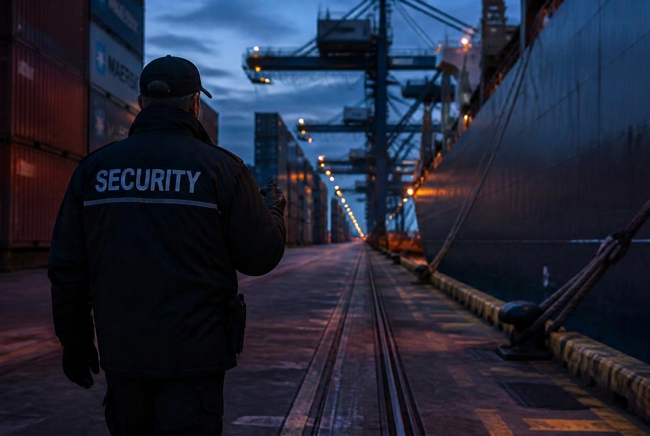 Port security officer walking a quayside at dusk beside stacked containers and a moored vessel