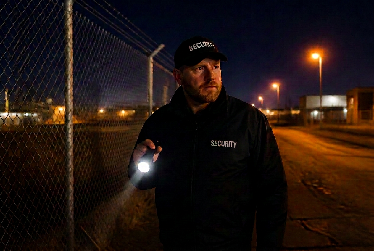 Uniformed security officer patrolling an industrial fence line at night with a flashlight