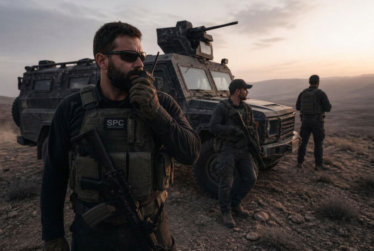 Private security contractors beside an armoured vehicle in arid terrain at first light, one speaking into a handheld radio